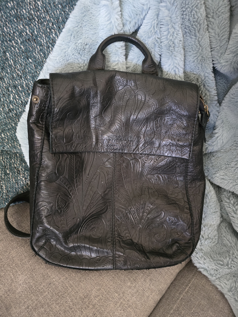 Black Tooled Leather Backpack/handbag